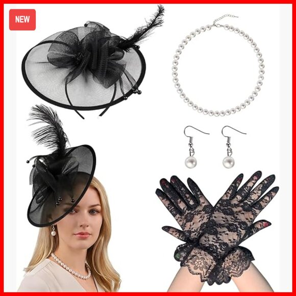 Vintage Fascinator Hat Set with Feathers Lace Gloves Pearl Jewelry main image 6